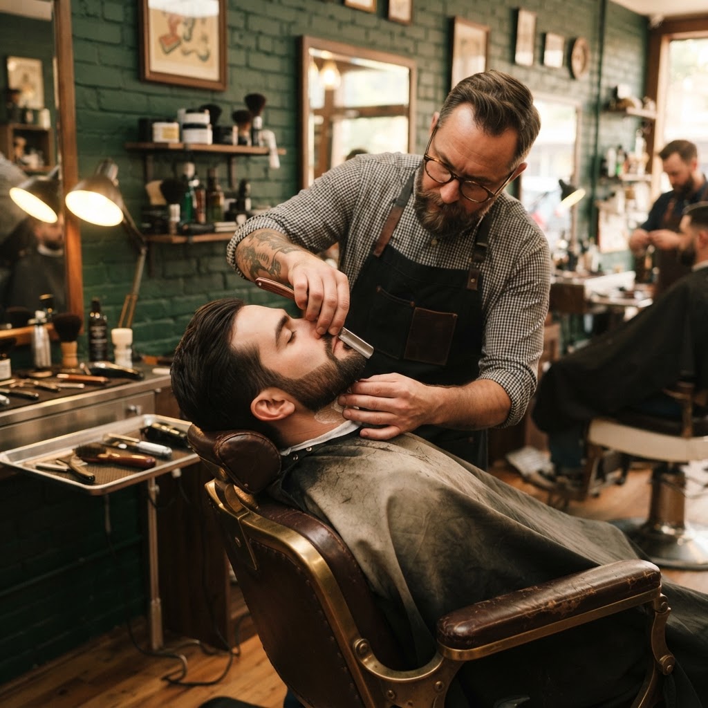 A straight razor beard trim at Sam's Barber Shop