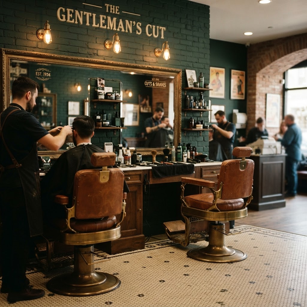 Sam's Barber Shop interior with vintage chairs and warm lighting