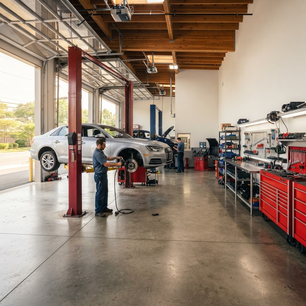 A car raised on a lift inside Merv's Auto Repair shop