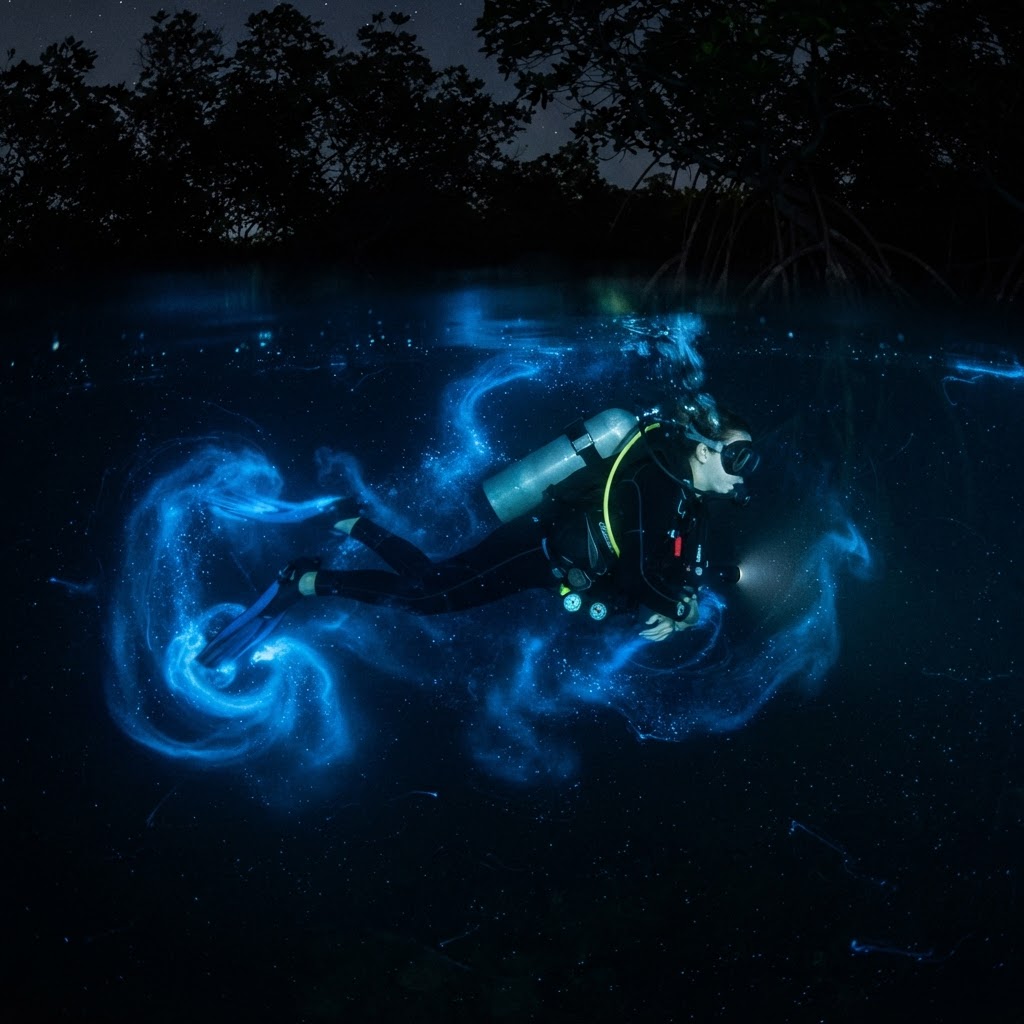 Scuba diver surrounded by glowing blue bioluminescent plankton in Mosquito Bay, Vieques