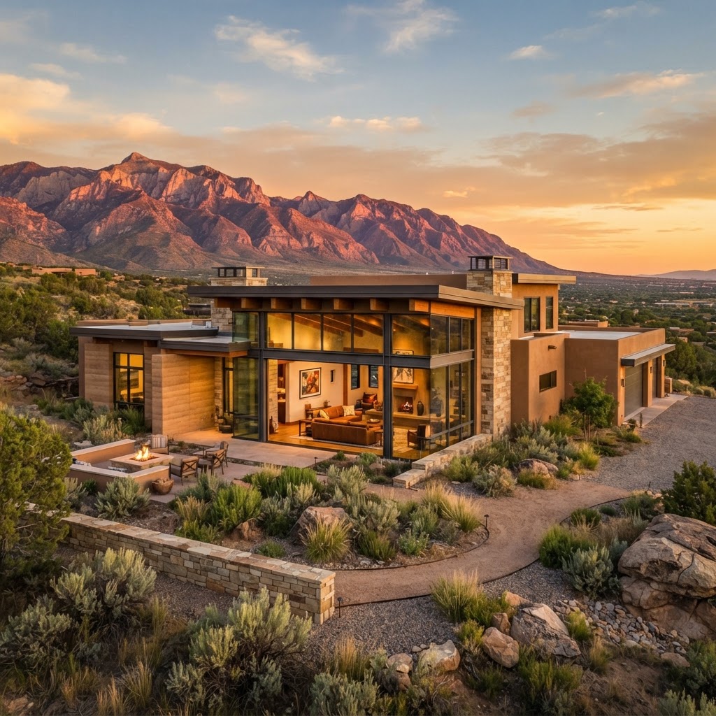 Custom home in the Southwest at sunset