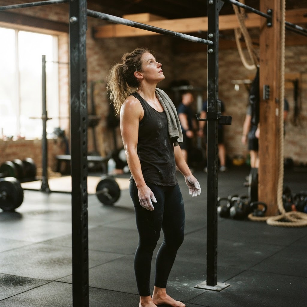 A woman at the gym holding an assisted pull-up band beside the pull-up bar, wondering whether she is making progress