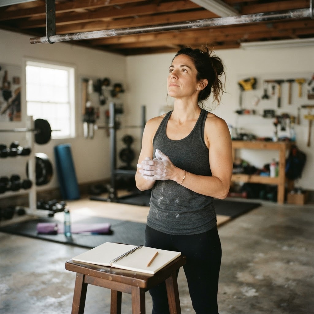 A woman at a pull-up bar on a Saturday morning, chalk on her palms, an open training notebook nearby
