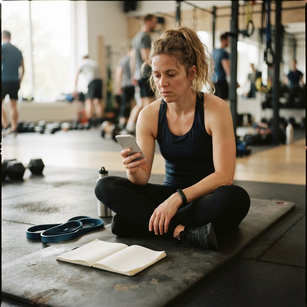 A woman mid-workout at a pull-up station, phone in one hand and a training notebook in the other