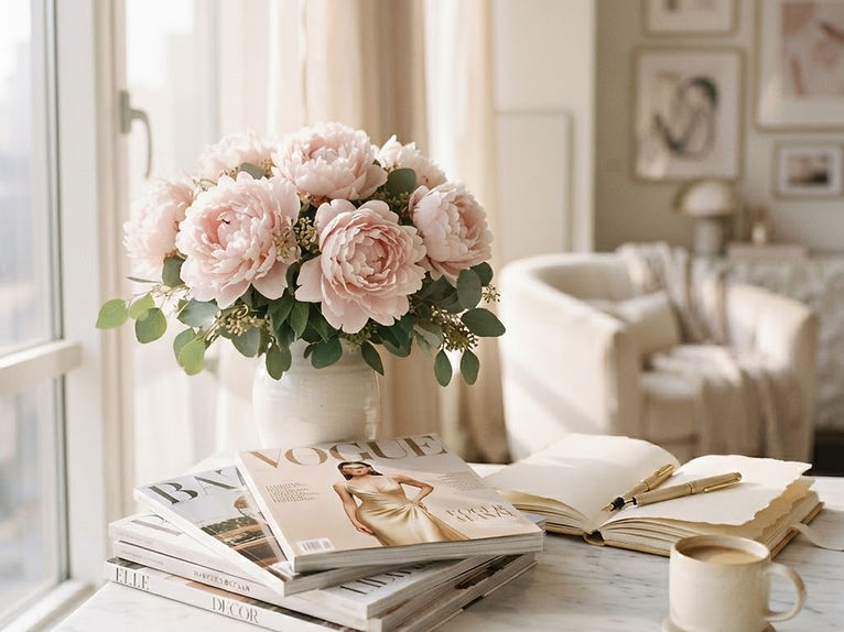 An editorial writing desk with peonies, journal and magazines