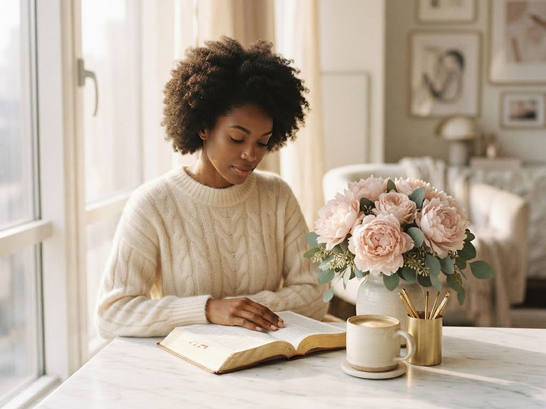 A woman reading her Bible with coffee in morning light