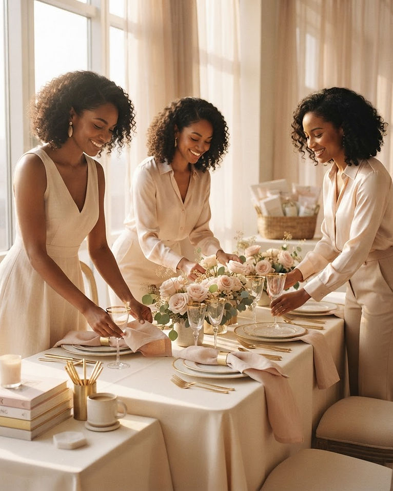 Volunteers setting an elegant table for a community event