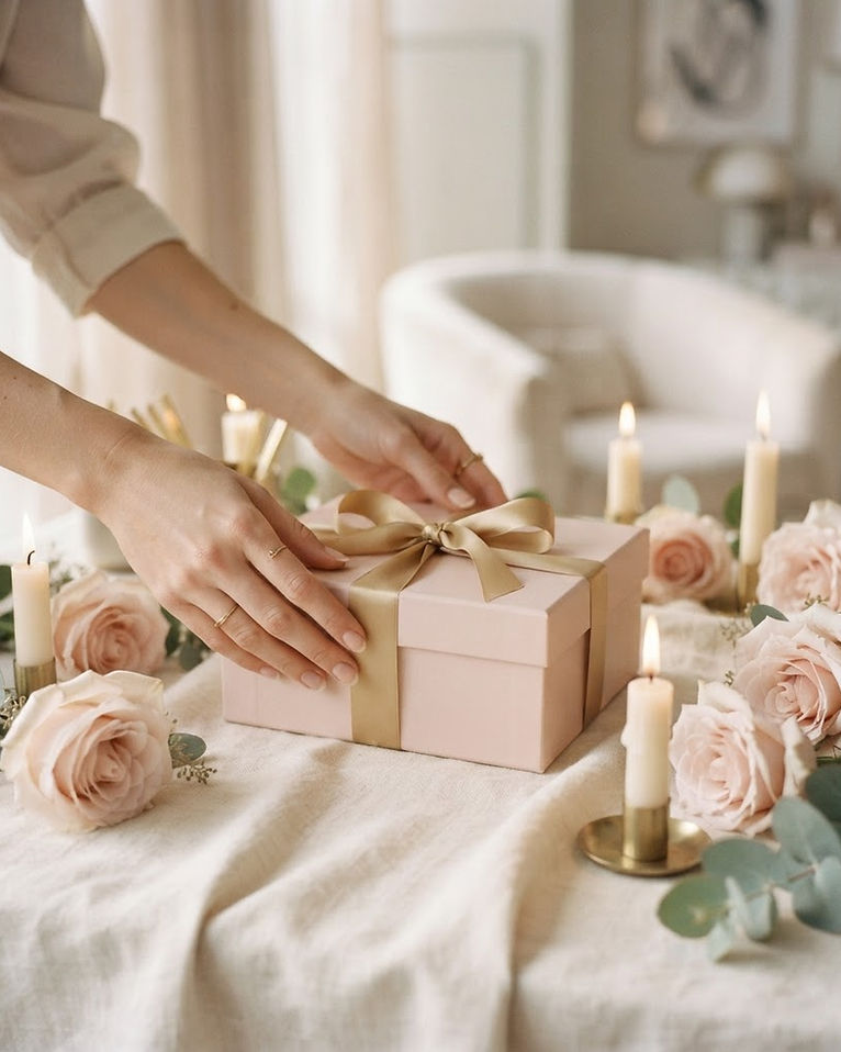 Hands presenting a blush gift box with a gold ribbon