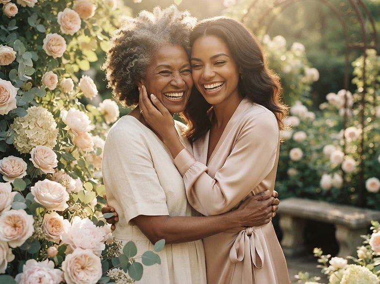 Sisters embracing in a sunlit garden