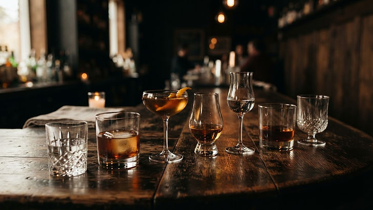 An array of spirit glasses on a dark wood bar in warm moody lighting