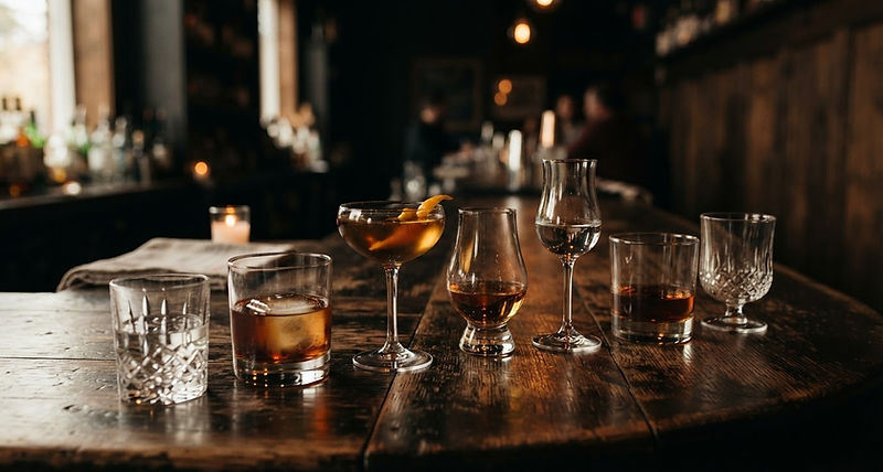 An array of spirit glasses lined up on a dark wood bar in warm moody lighting