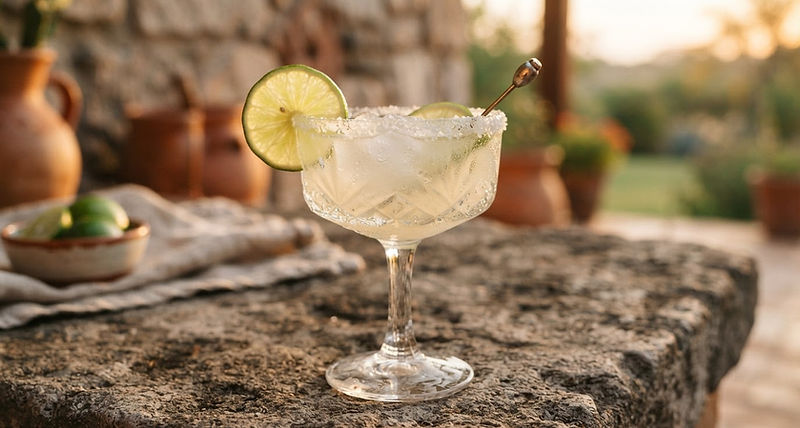 A classic margarita in a heavy crystal glass on a rough stone surface with salt rim and lime