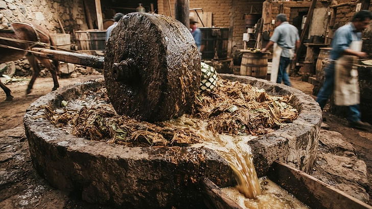 A traditional stone tahona wheel crushing cooked agave in a rustic distillery