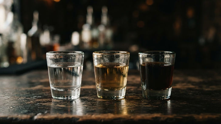 Three glasses of tequila ranging from clear blanco to amber añejo lined up on a dark surface
