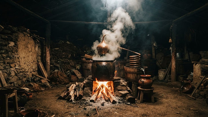 A traditional copper still producing mezcal with steam rising in a dim Oaxacan palenque