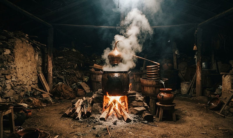 A traditional copper still producing mezcal with steam rising in a dim Oaxacan palenque