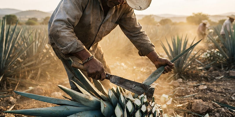 A jimador's hands harvesting agave with a coa tool in a Mexican field
