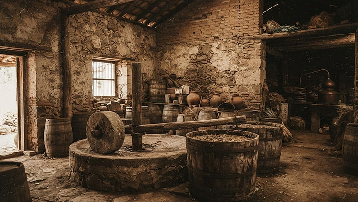 An old Mexican distillery with stone walls evoking the history of agave distillation