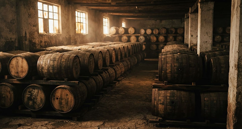 Aged tequila barrels stacked in a dim warehouse with light streaming through