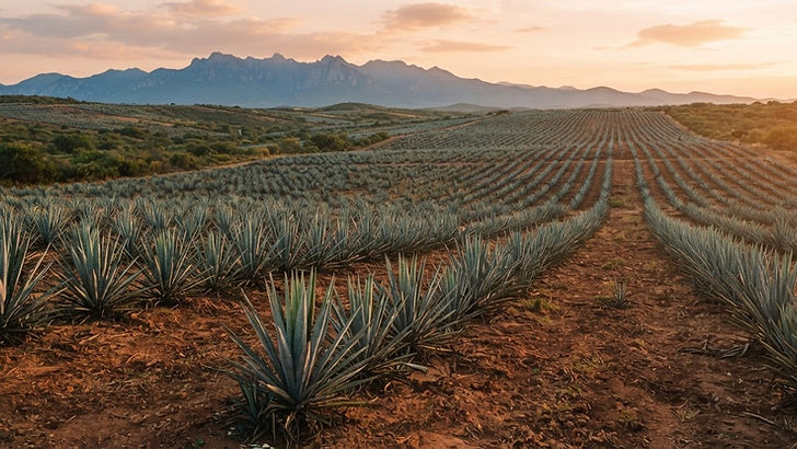 Rows of blue agave plants stretching across the Jalisco highlands at golden hour