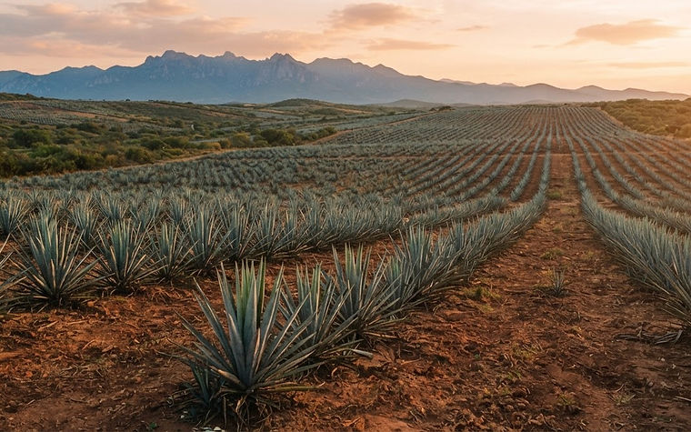 Rows of blue agave plants stretching across the Jalisco highlands at golden hour