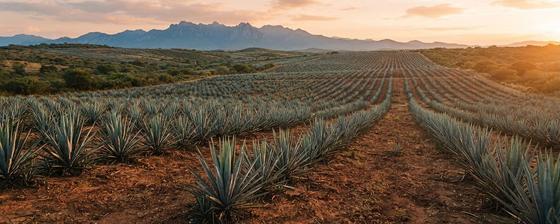 Rows of blue agave plants stretching across the Jalisco highlands at golden hour