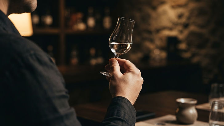 A copita glass of clear tequila held up to warm light to examine its color and clarity