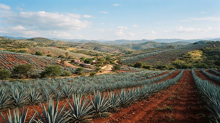 Rolling hills of Mexican agave countryside with terracotta soil under a blue sky