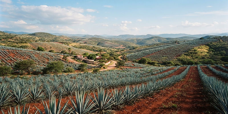 Rolling hills of Mexican agave countryside with terracotta soil under a blue sky