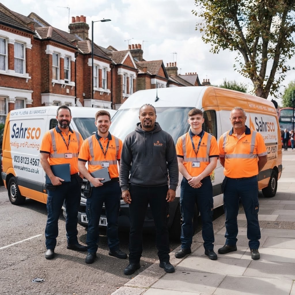 Sahrsco Heating & Plumbing team of engineers with branded vans