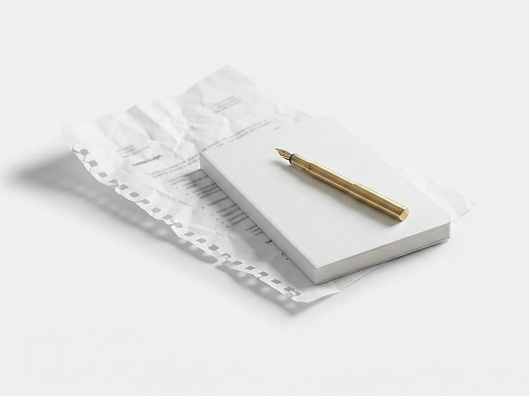 A crumpled annual budget page set aside beneath a fresh rolling-forecast notebook and pen