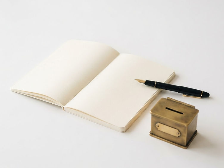 An open notebook, fountain pen, and brass donation box on white