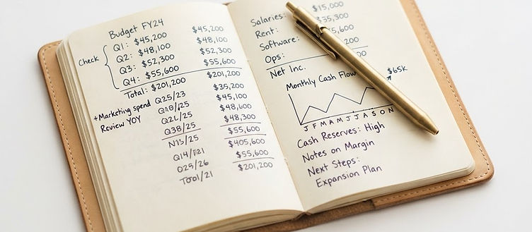 An open notebook filled with handwritten financial notes, a cash-flow sketch, and a brass pen