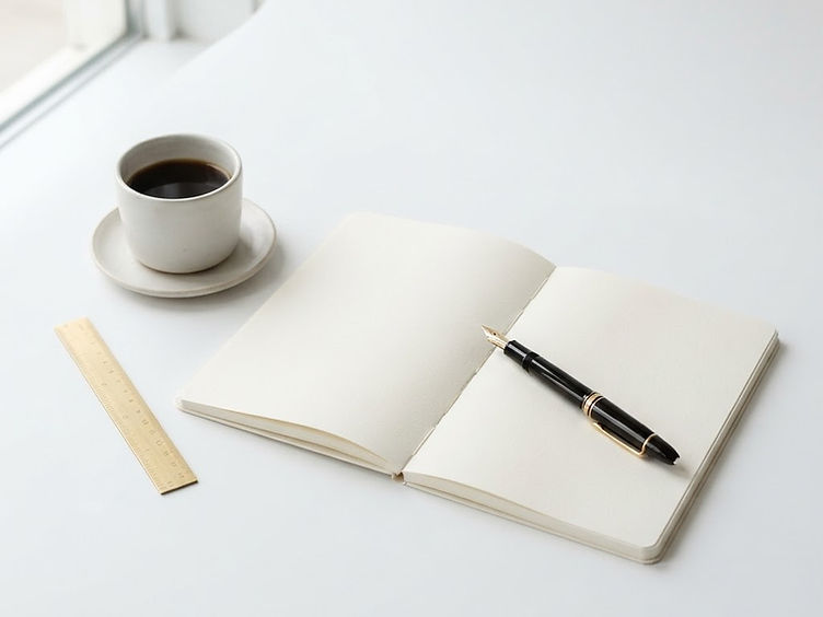 An open notebook with a fountain pen, brass ruler, and coffee on white