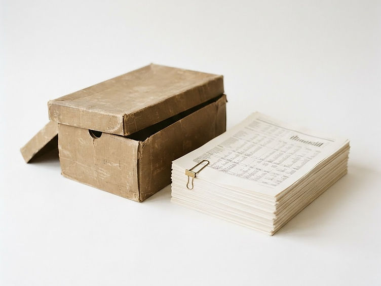 A worn shoebox pushed aside beside a neat stack of bound financial statements