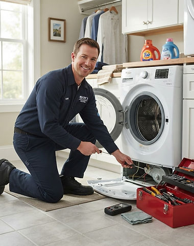 Technician servicing a rented washer in a customer's laundry room