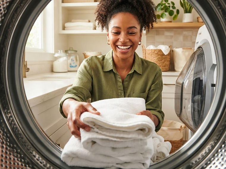 Smiling customer taking fresh laundry out of a rented washer