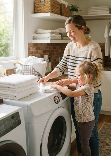 Family folding fresh laundry together at home