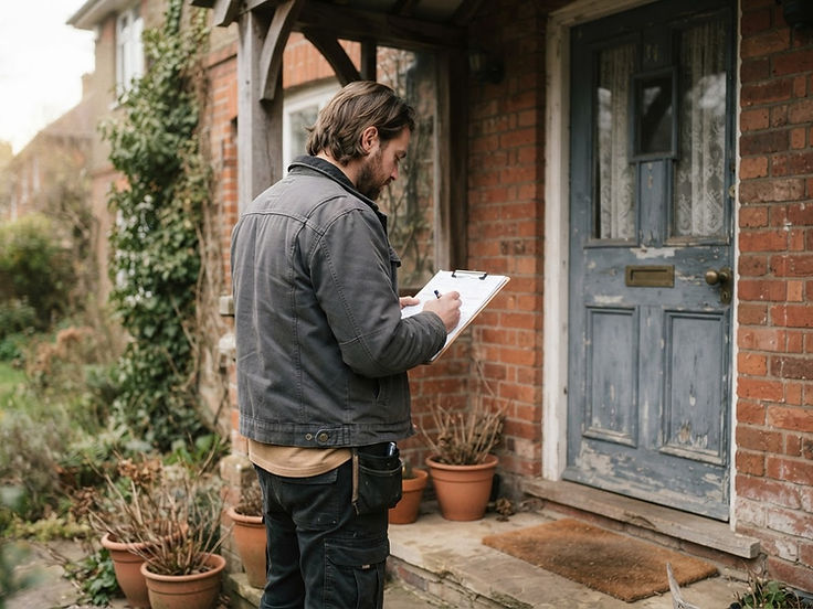 Professional reviewing a property assessment near an older Lafayette home