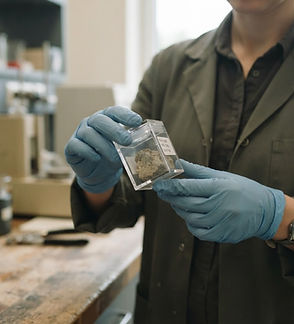 Technician holding a building material sample in a labeled container