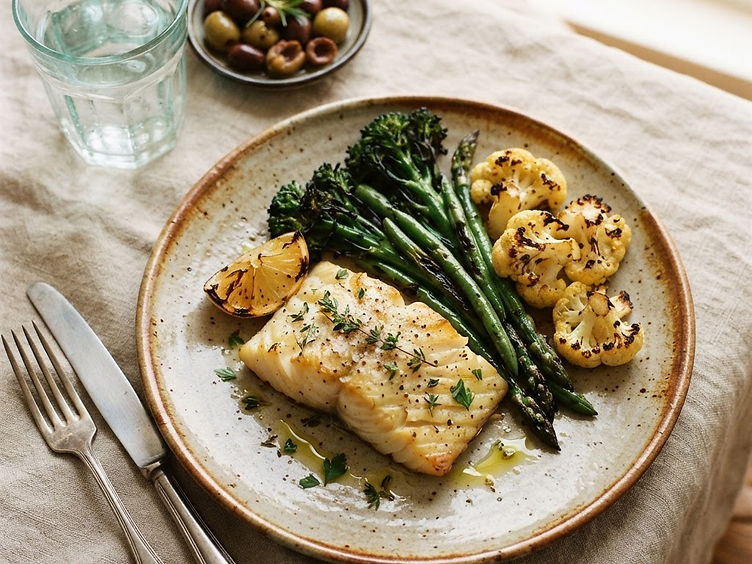 Prato com peixe, legumes e azeite