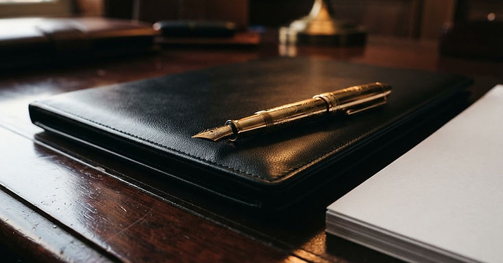 Elegant gold pen on a leather portfolio representing professional tax services