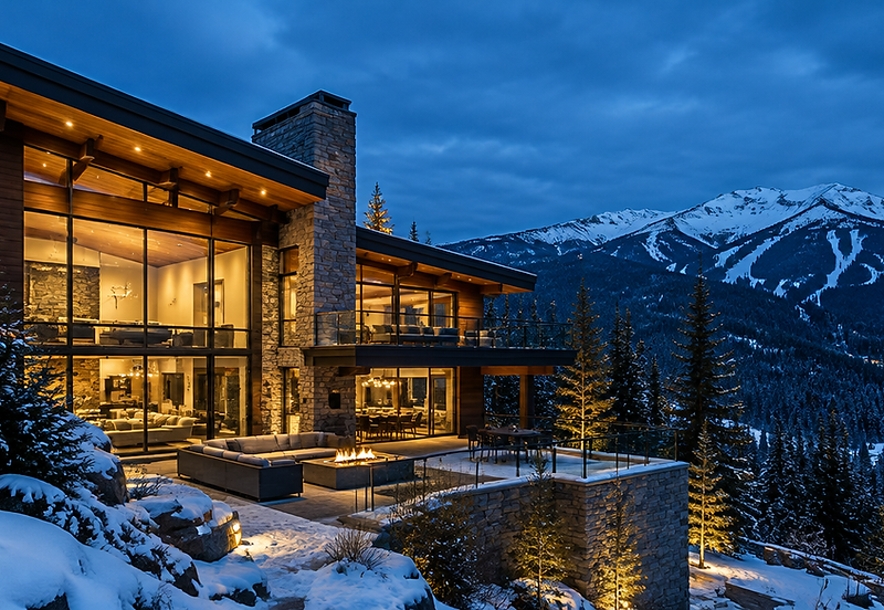 Modern luxury Whistler home at dusk with mountains