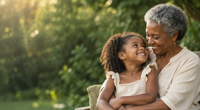 A grandmother and granddaughter sharing a moment in a garden