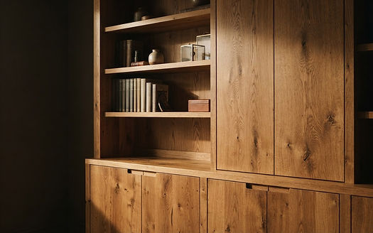 Close-up of custom oak shelves and fine joinery