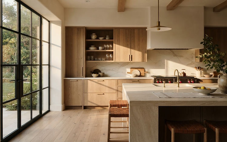 Kitchen with bespoke white oak cabinetry and a pale stone island
