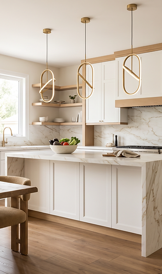 White kitchen with natural wood accents, brass pendant lights, a marble waterfall island, and a wooden dining table.