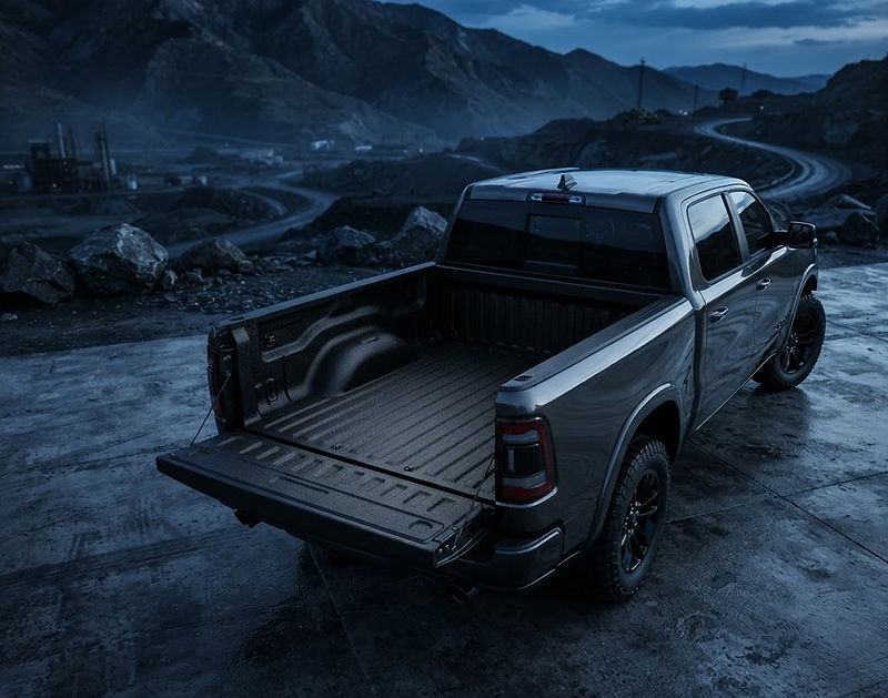 Illustrative pickup with a rugged textured truck bed liner