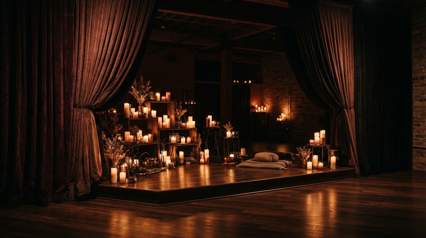 A candlelit creative studio at night