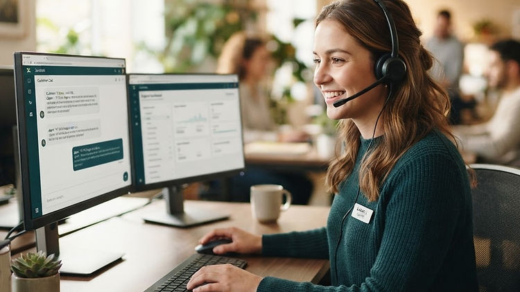Customer support specialist at a modern desk
